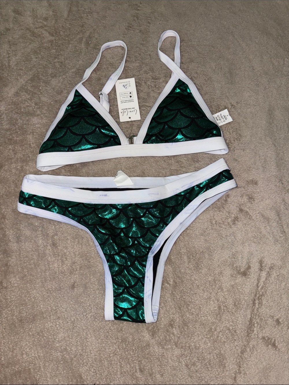 Cupshe Green Shimmery Mermaid Scale Bikini with White Trim